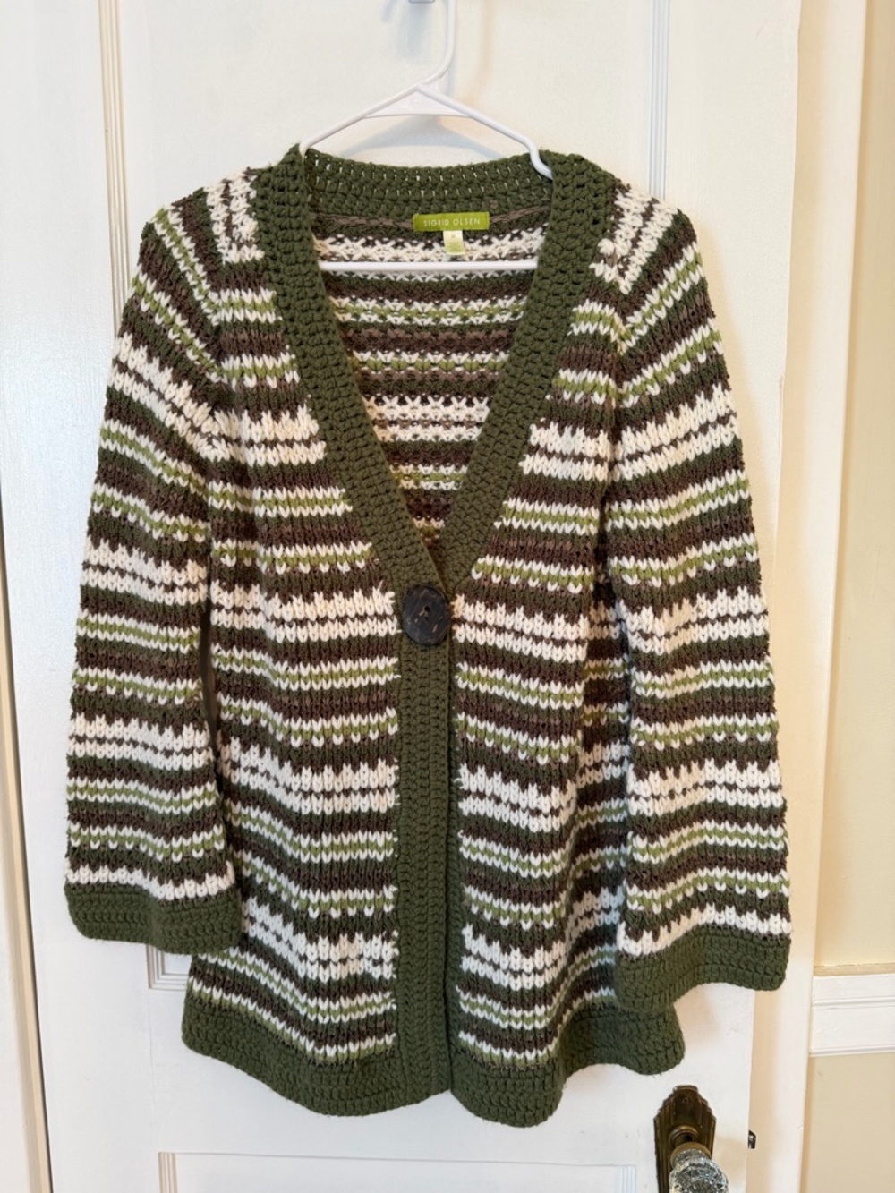 Sigrid Olsen Olive Green & Cream Striped Crochet-Trim Cardigan